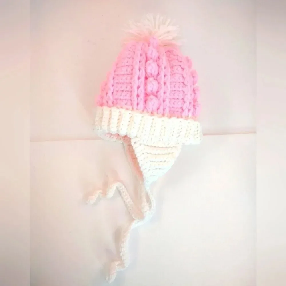 Handmade Pink and white Baby Winter Hat Pom Pom Crochet Ear flaps with ties